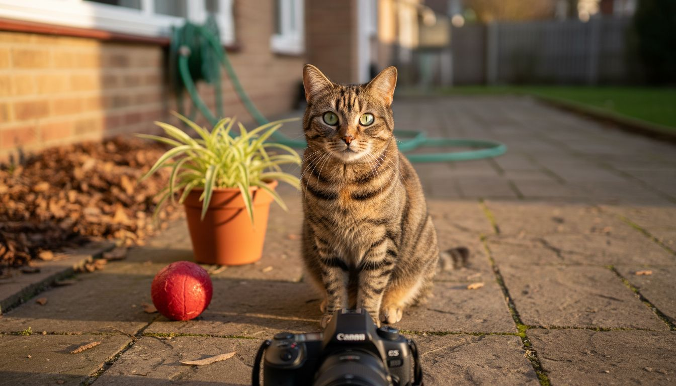 Photographer shooting cat at eye level outdoors