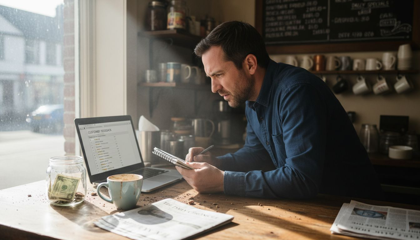 Cafe owner checking online customer reviews