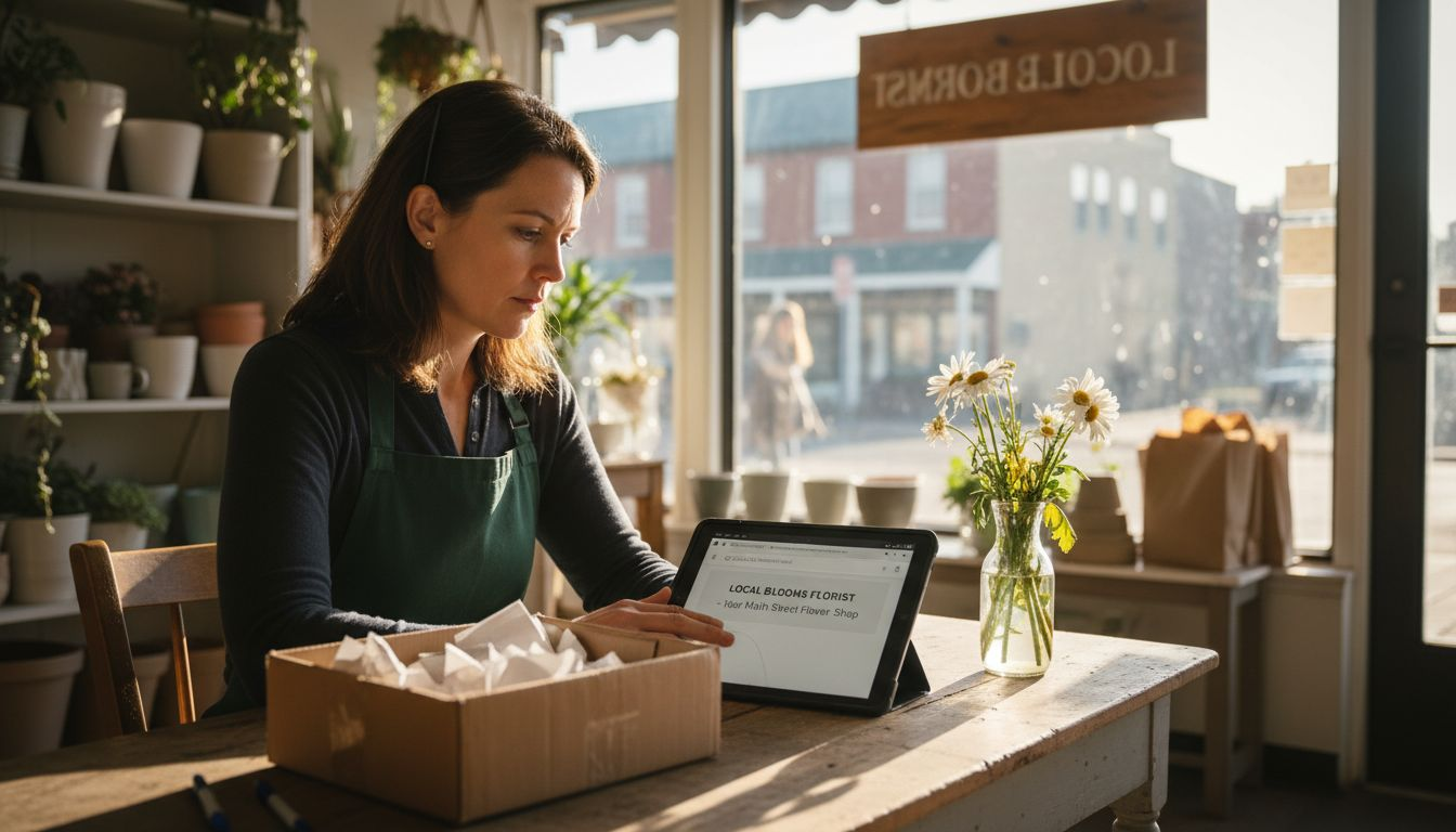 Florist searching business on tablet in shop