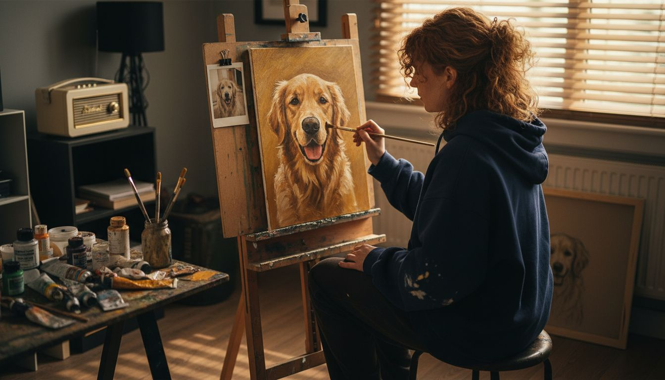 Artist paints custom pet portrait at easel