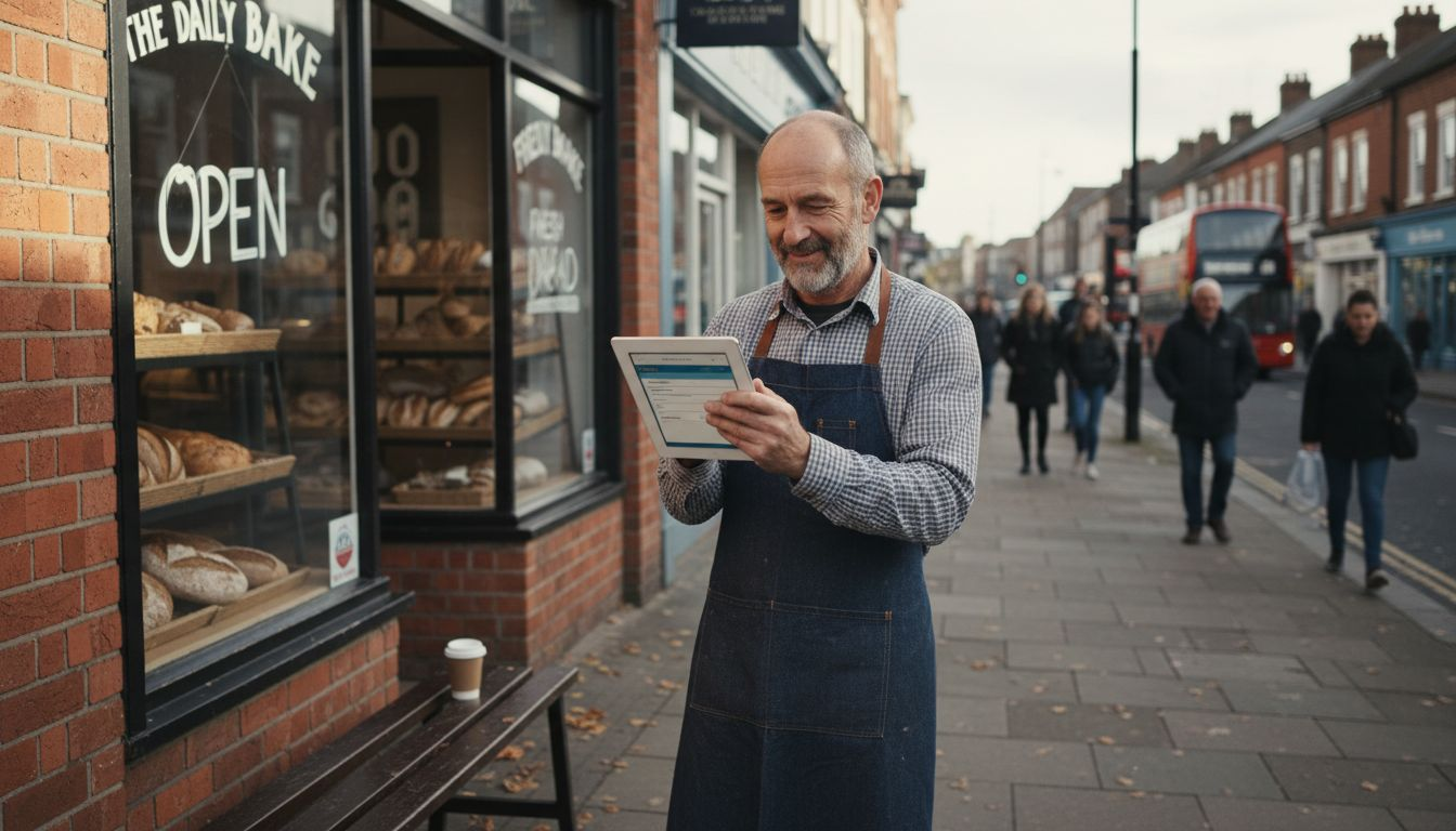 Shop owner listing business outside bakery