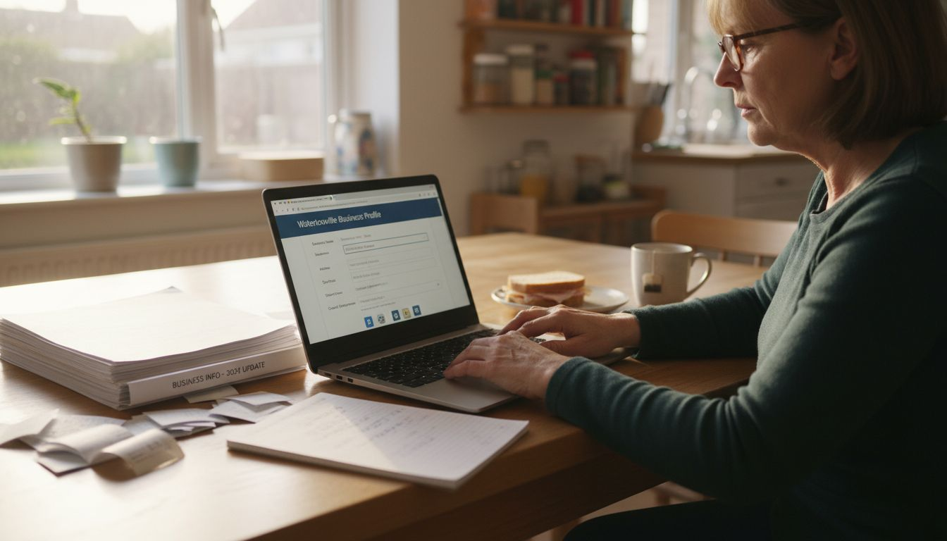 Woman editing business profile at kitchen table