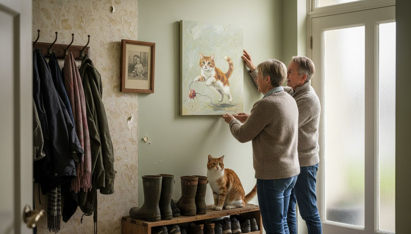 Couple hanging pet portrait at home
