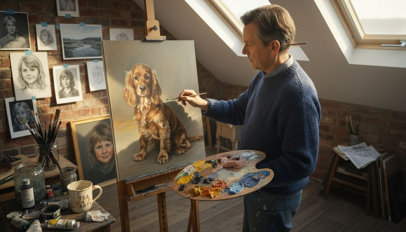 Artist painting family portrait in studio