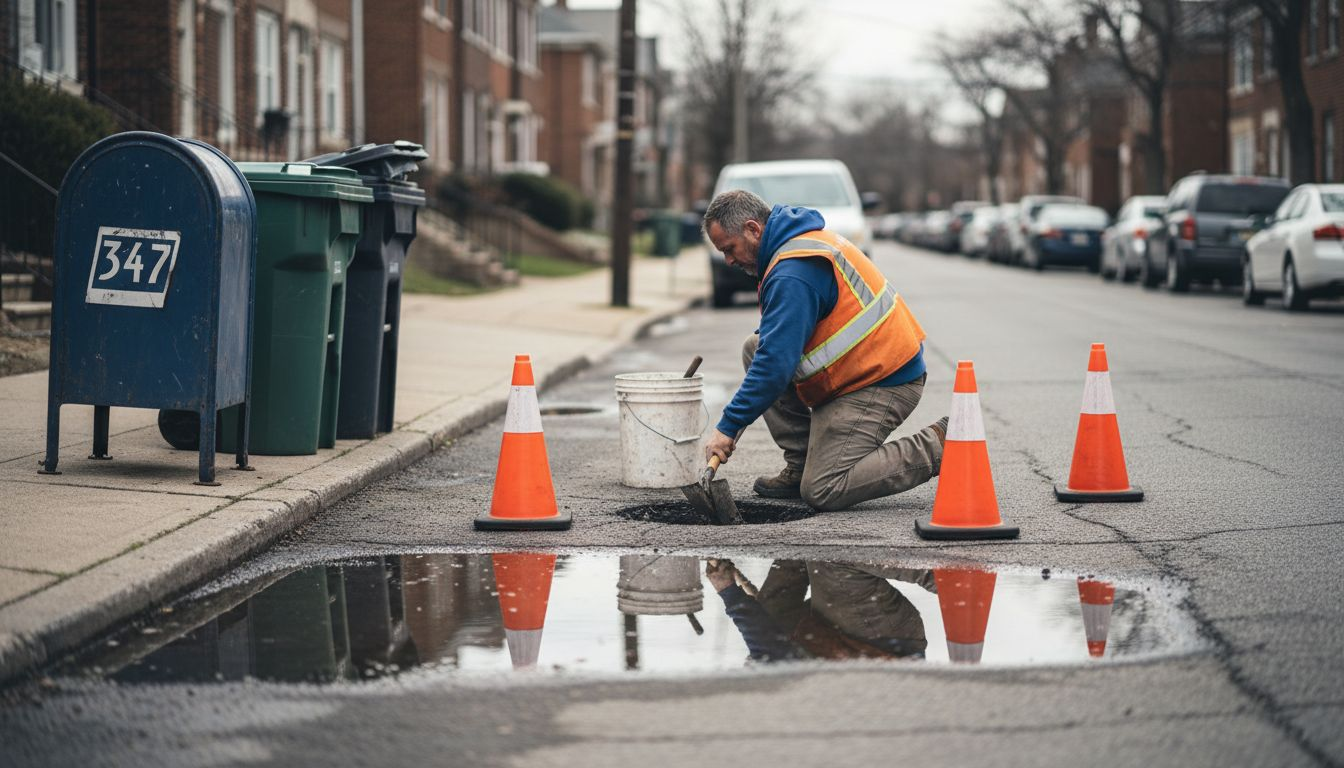 Worker repairing street pothole in neighborhood