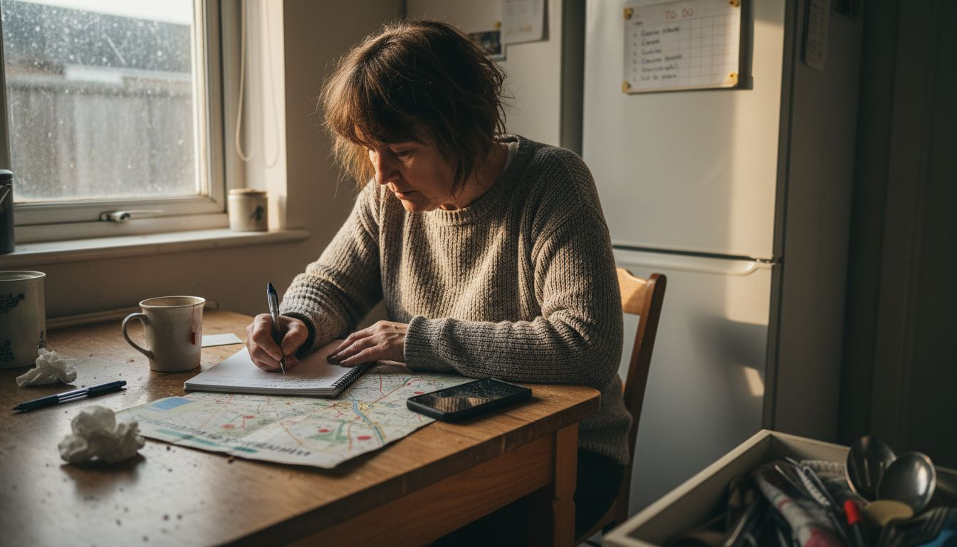 Woman recording emergency contacts at cluttered kitchen table
