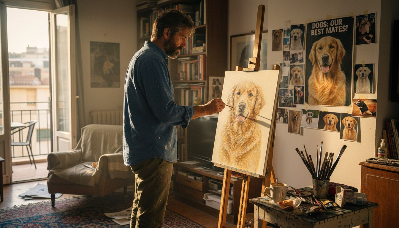 Artist painting realistic dog portrait at home