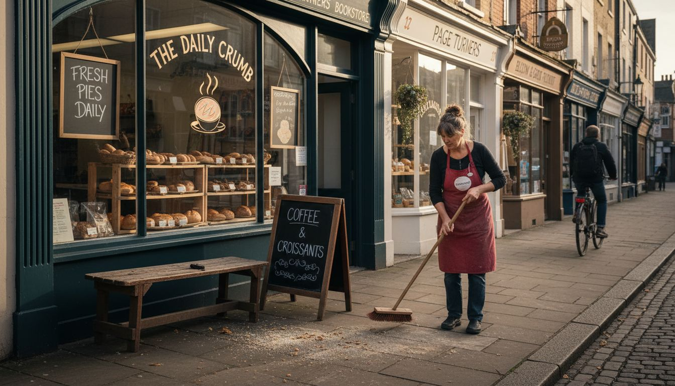 Bakery owner sweeping outside local business