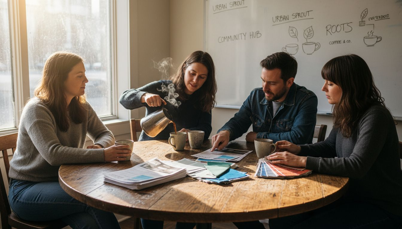 Group discussing branding in café meeting
