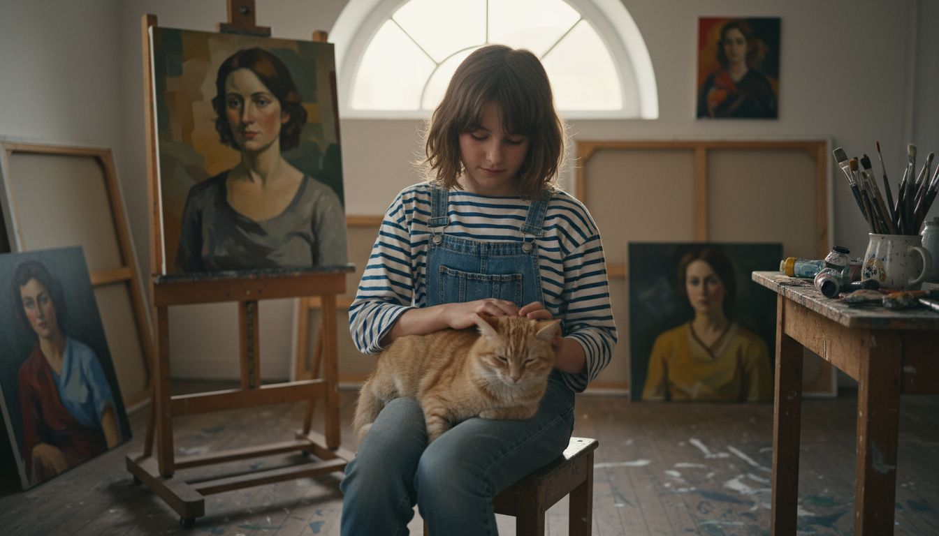 Child with cat in artist’s studio portrait