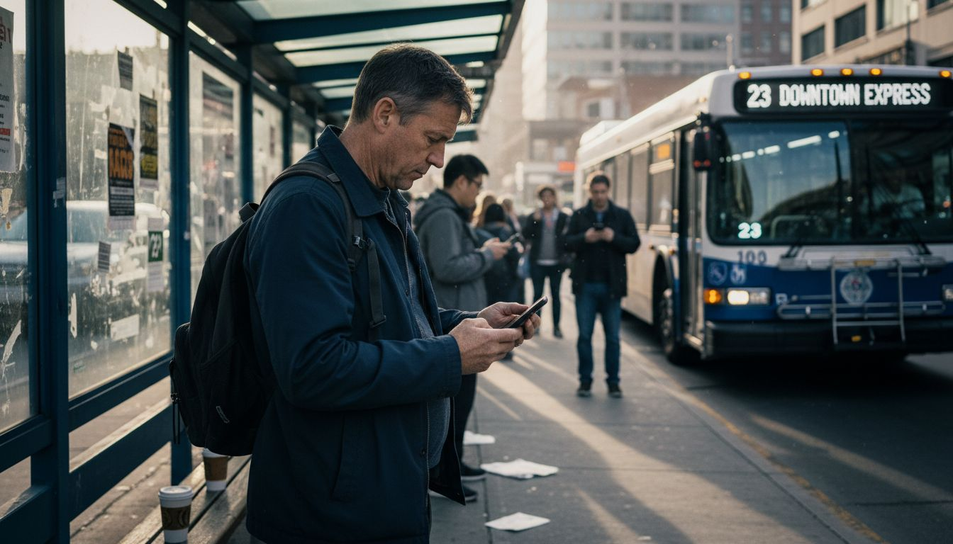 Commuter waits at busy urban bus stop