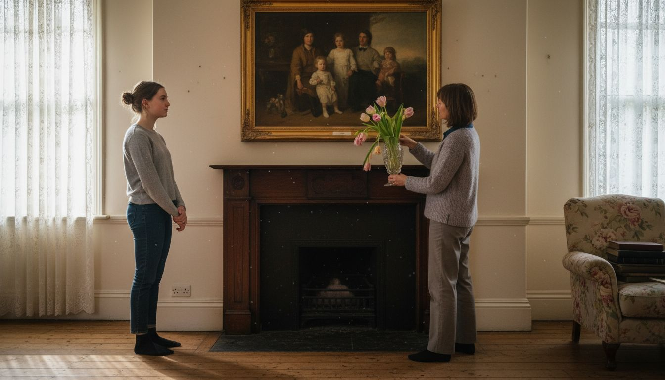 Teenager observing family portrait on mantel