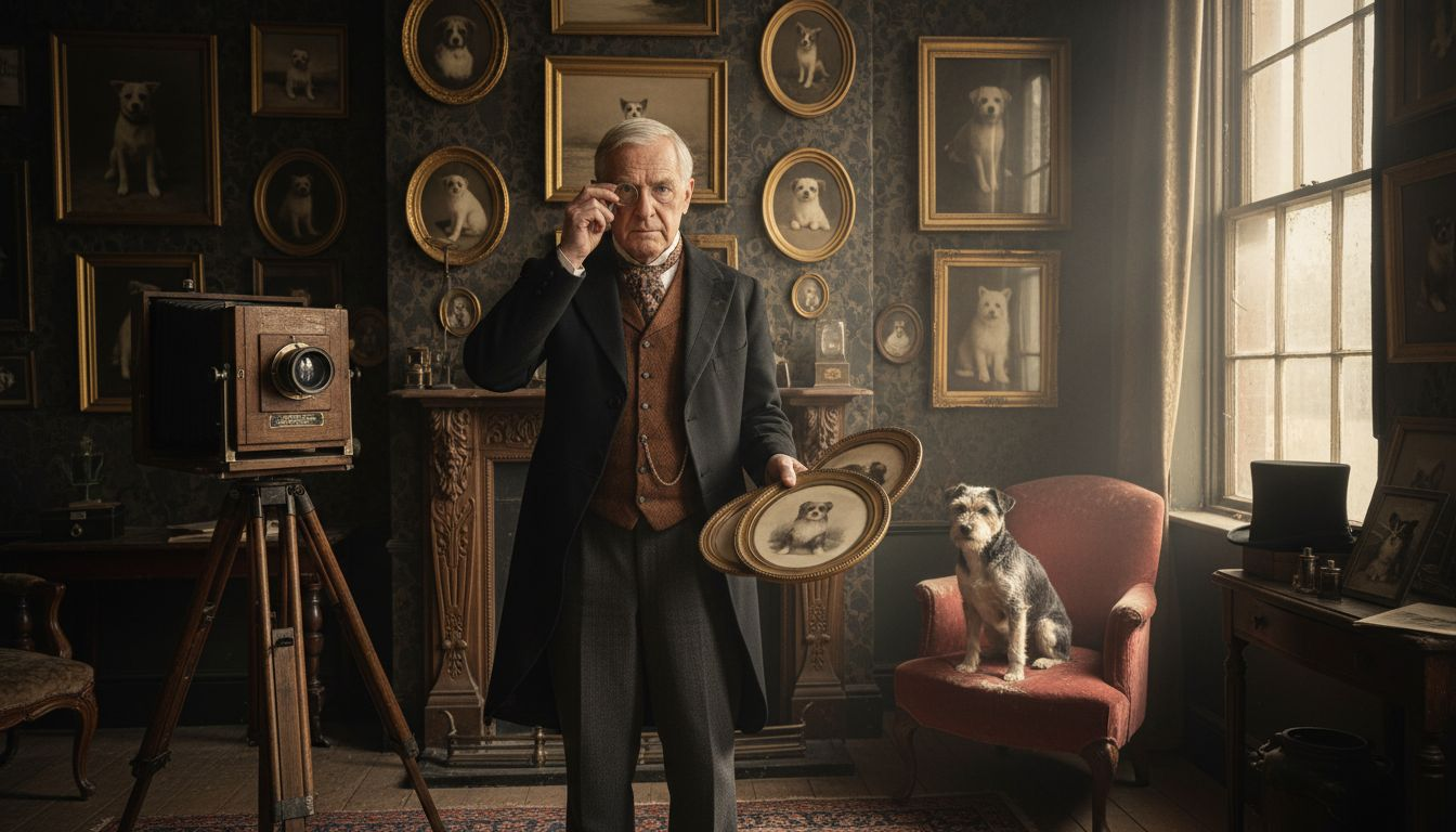 Victorian pet portrait studio with photographer and dog