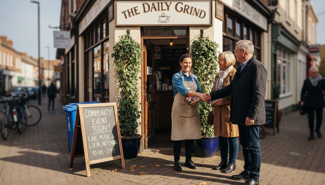 Business owner greeting community at storefront