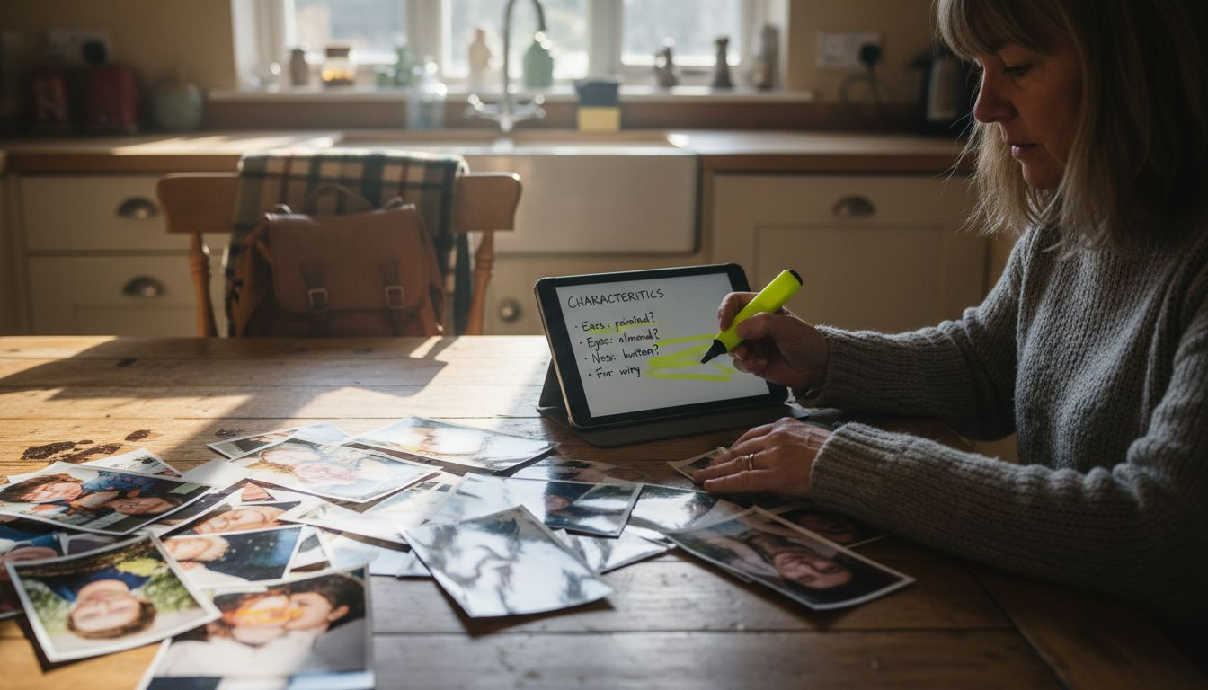 Woman reviewing reference photos at table