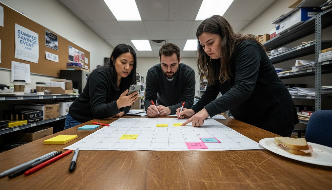 Team planning social media content calendar