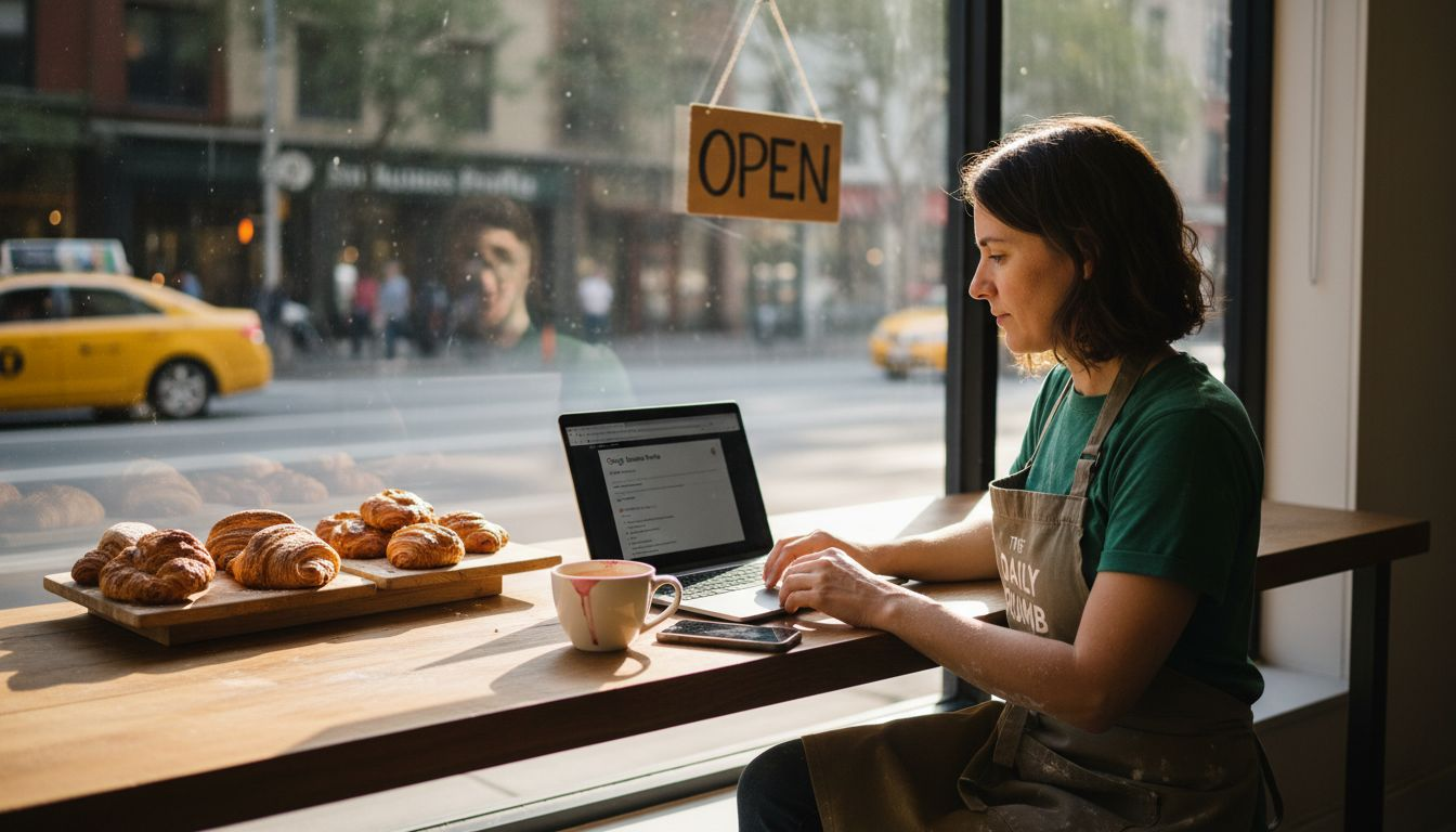 Business owner updating online profile in bakery