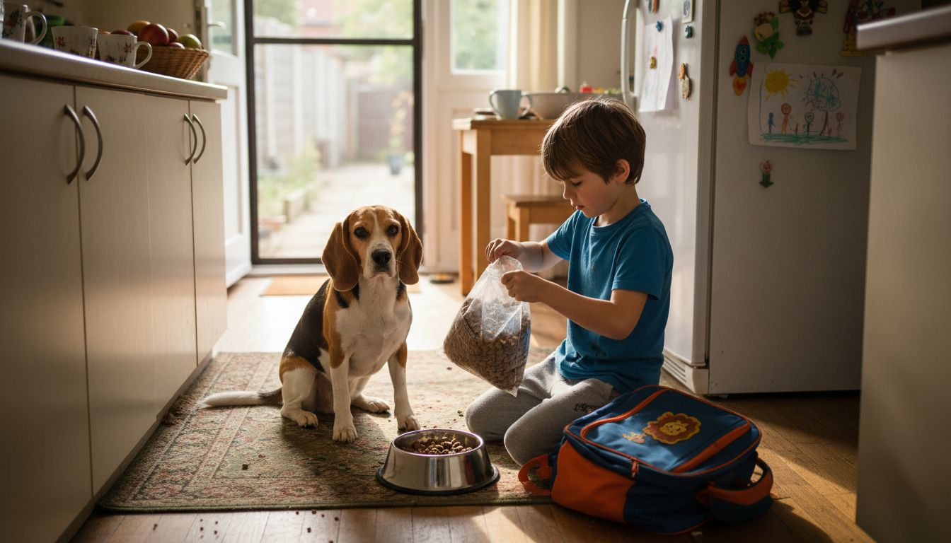 Boy feeding dog on kitchen floor