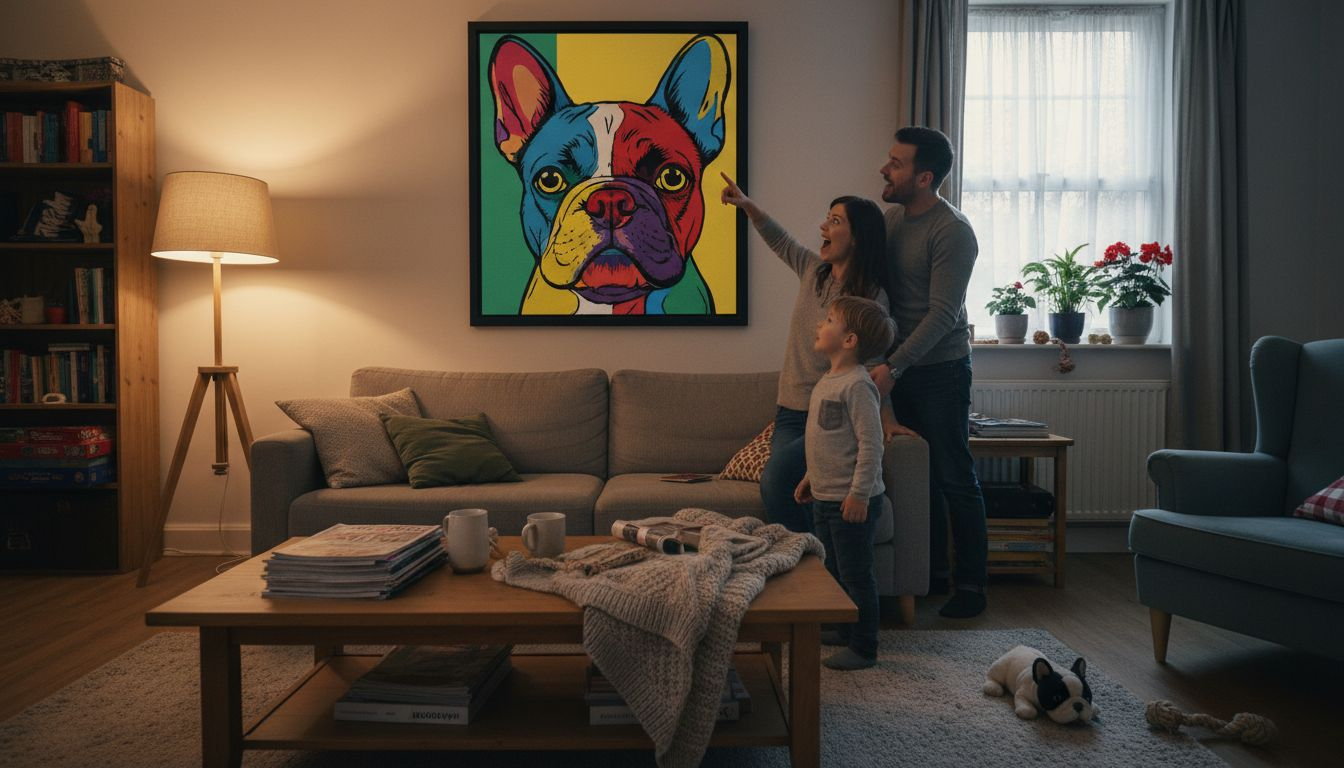 Pop art pet portrait on living room wall