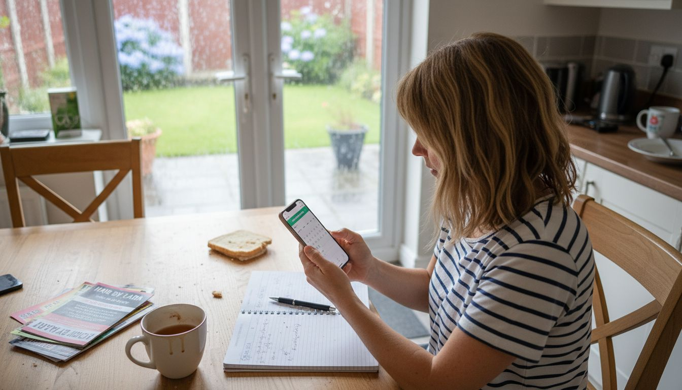 Woman booking local service on phone at kitchen table