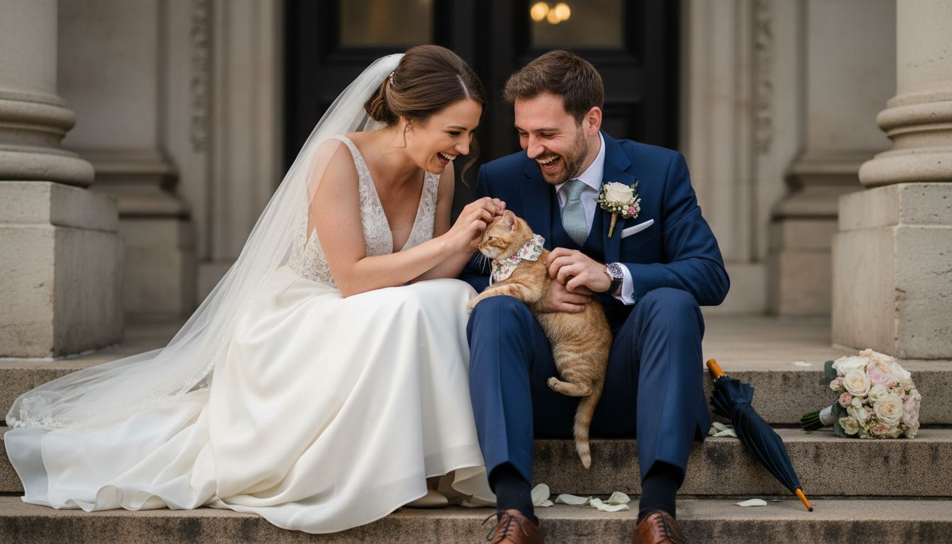 Bride and groom share candid moment with cat