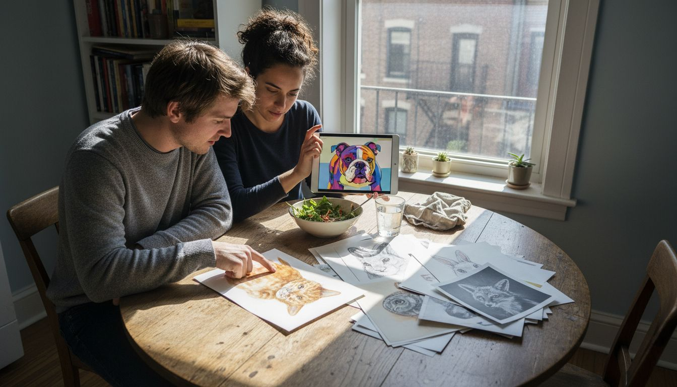 Couple reviewing pet portrait styles
