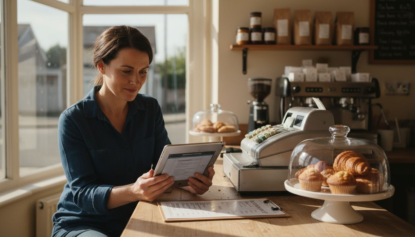 Bakery owner checking reviews at shop counter