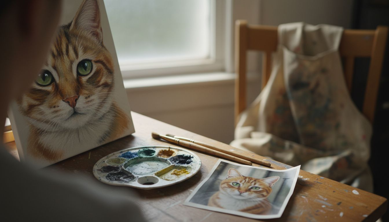 Artist painting cat portrait with detailed brushwork