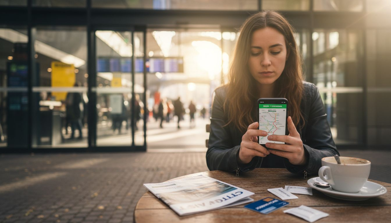 Woman checking real-time transport app