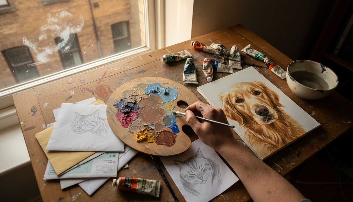 Closeup hand mixing paints for pet portrait