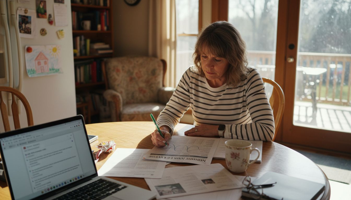 Woman editing community newsletter at kitchen table