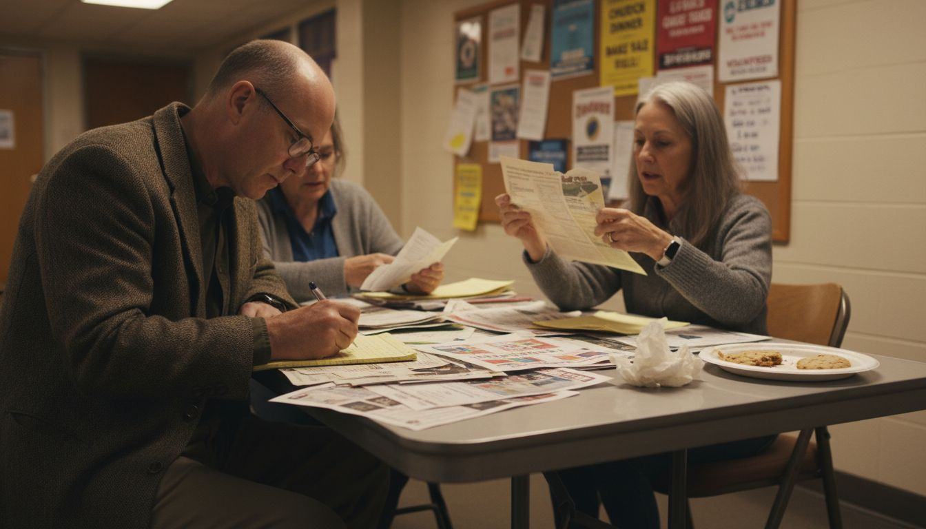 Neighbors sorting local event flyers in meeting
