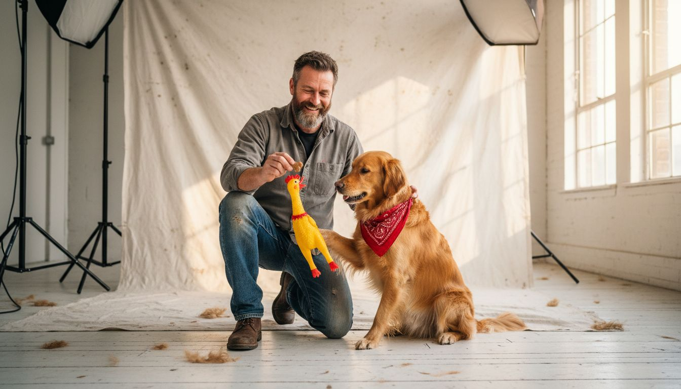 Man and dog bonding in studio portrait