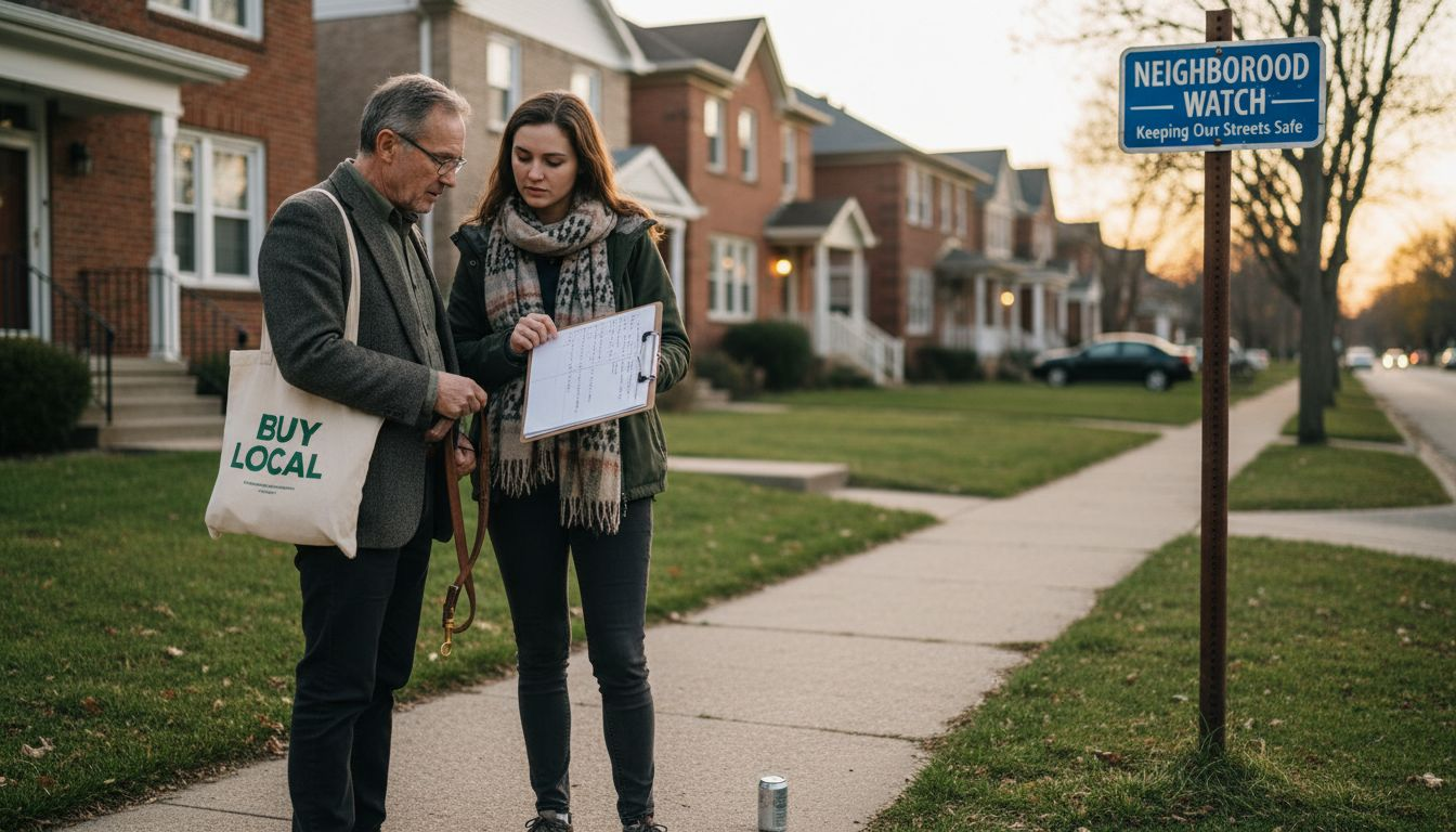 Residents on sidewalk discussing neighborhood watch