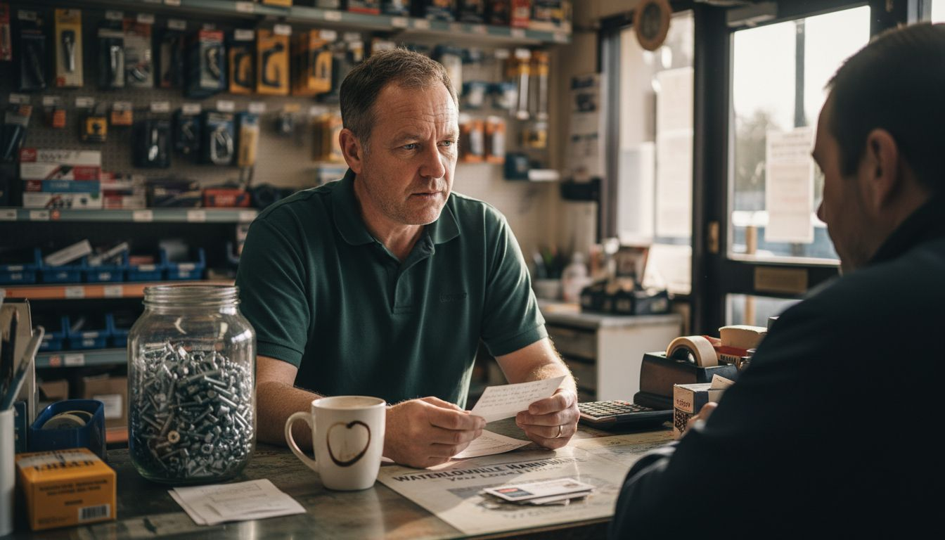 Shop manager reading customer feedback desk