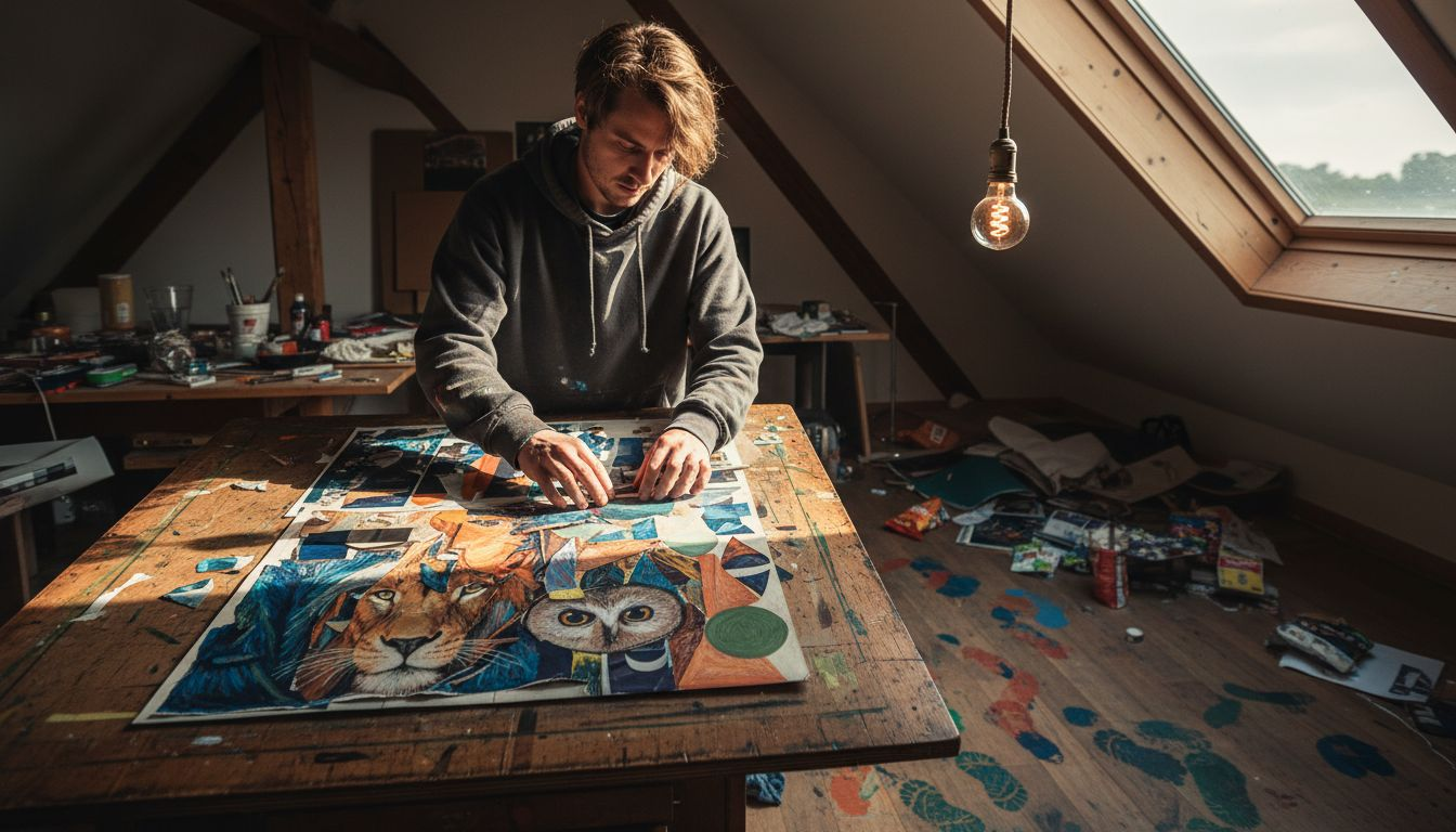 Artist creating mixed media abstract portrait