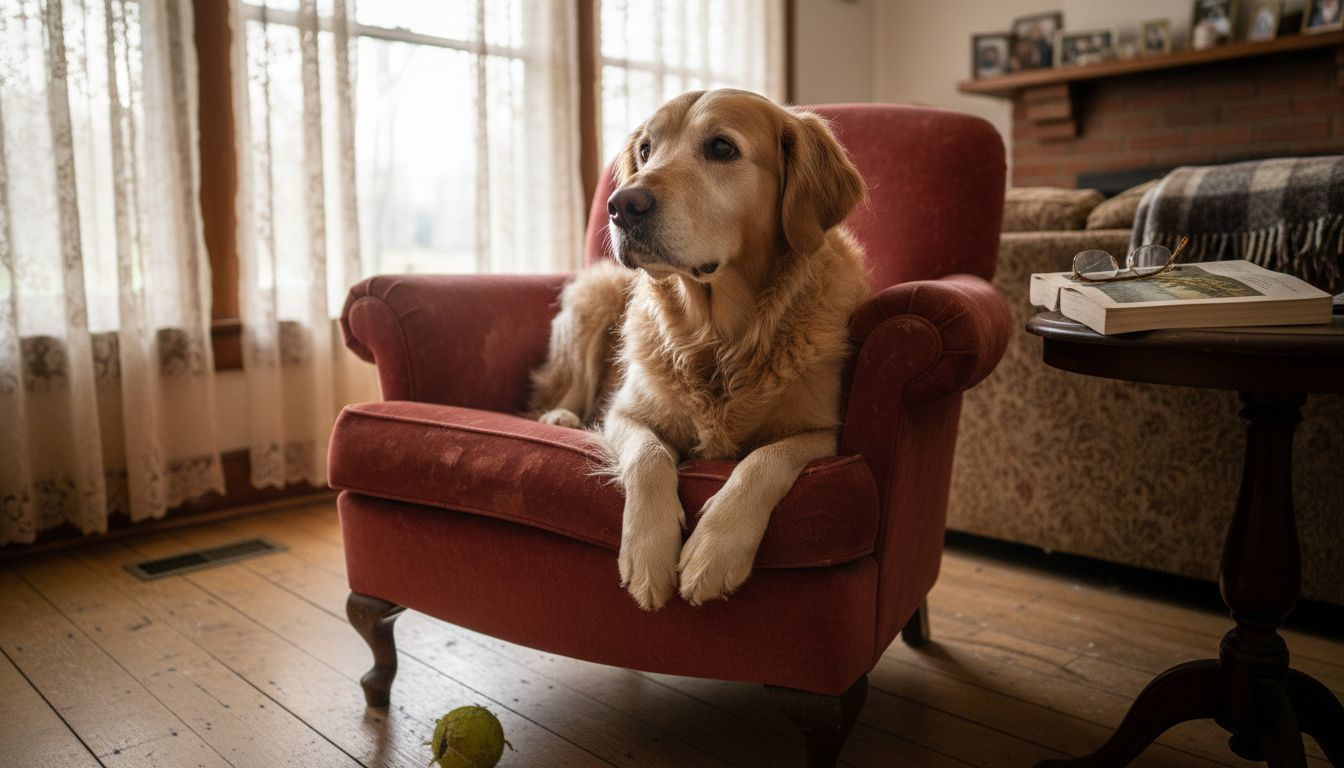 Golden retriever on armchair in bright living room