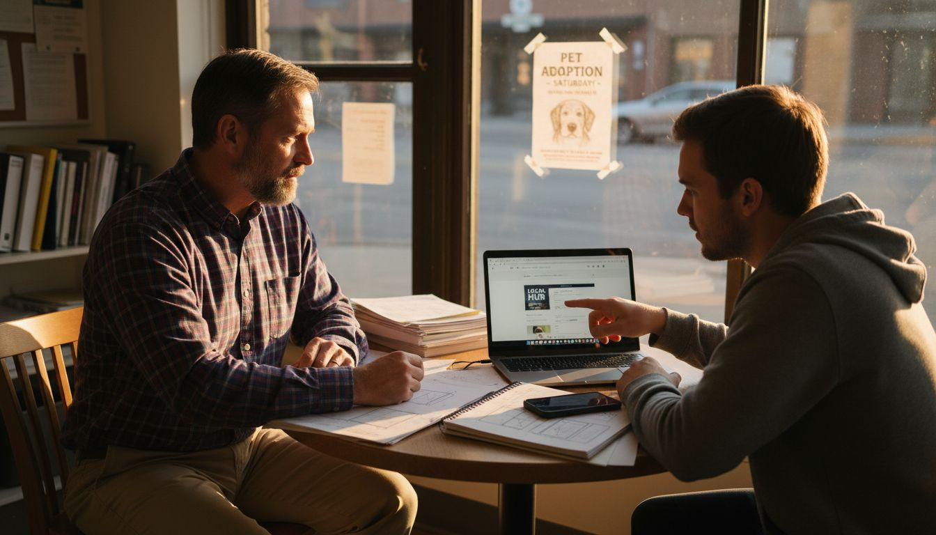 Business owner reviews website with designer