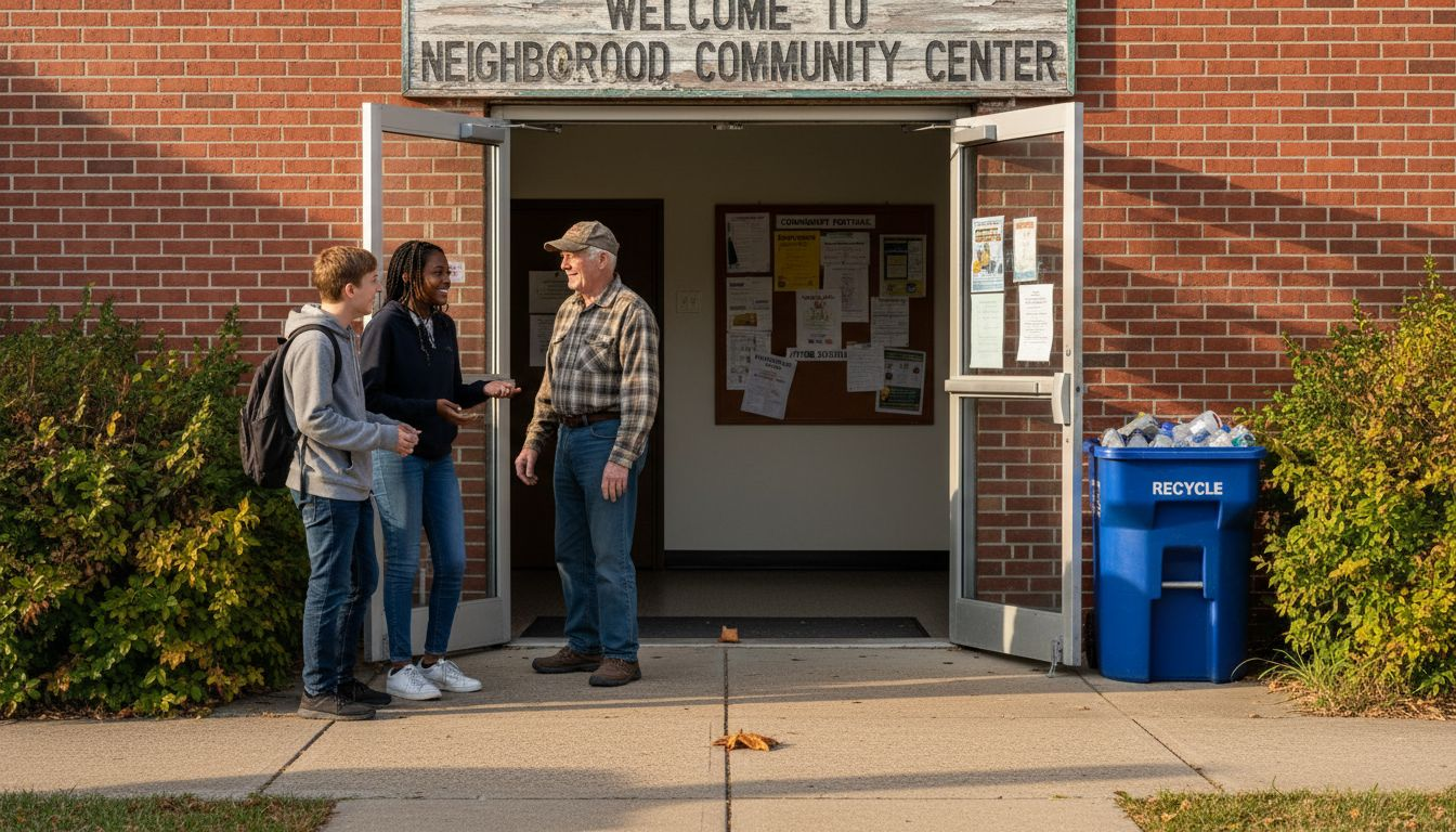People chatting outside community center entrance