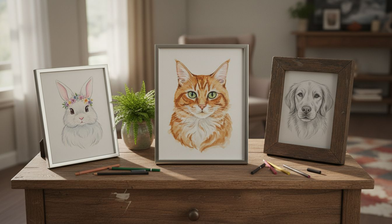 Framed watercolour cat, digital rabbit, pencil dog artwork