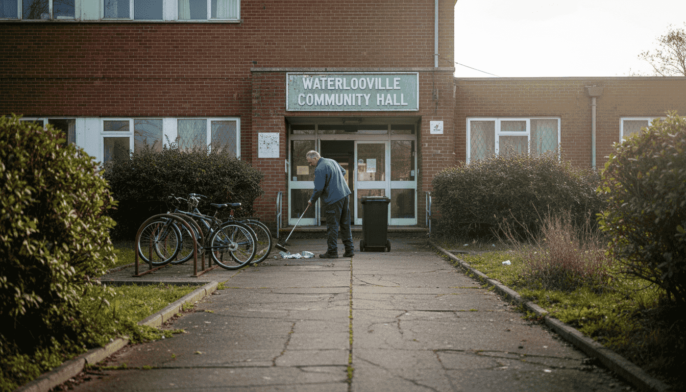 Groundskeeper sweeping Waterlooville community hall exterior