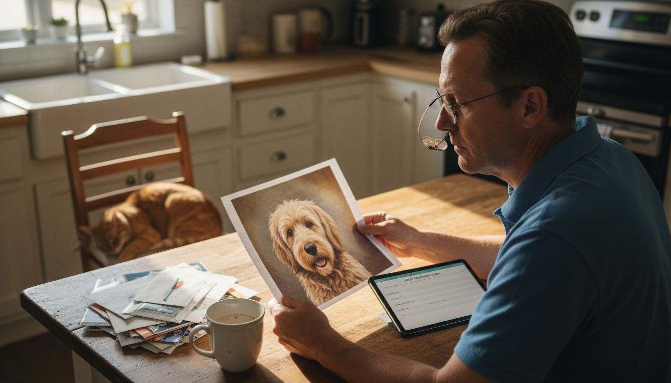 Client reviewing printed pet portrait preview