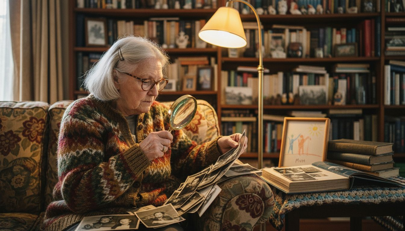 Grandmother closely inspecting family photos