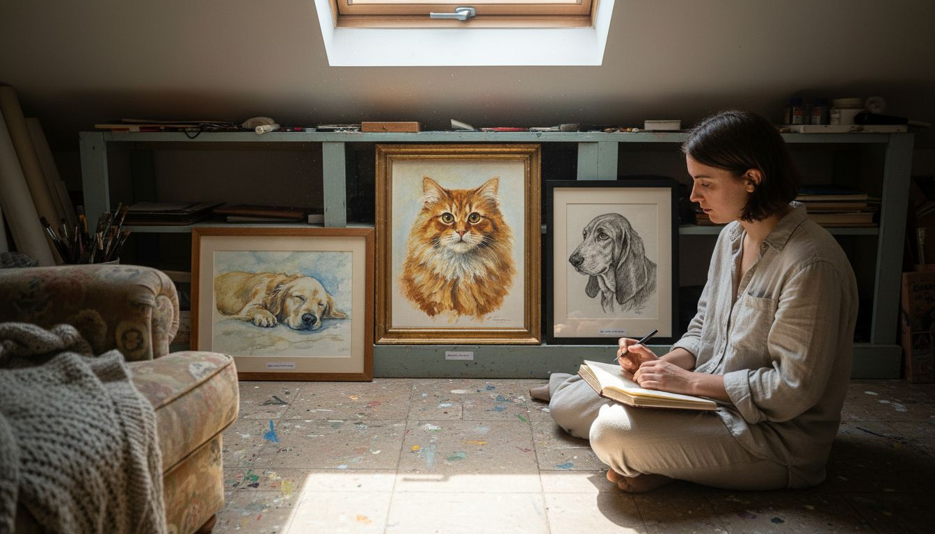 Viewer comparing pet portrait mediums