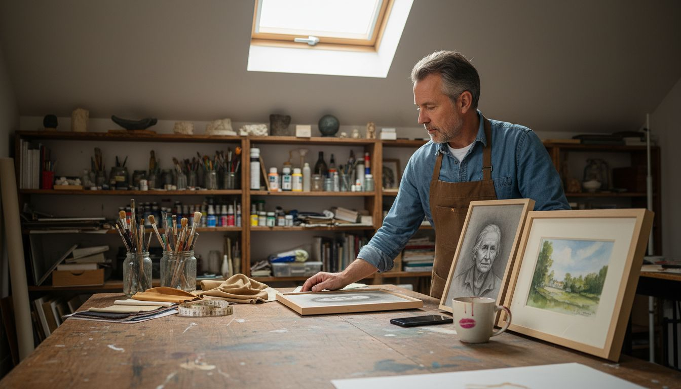 Man comparing portrait styles in art studio