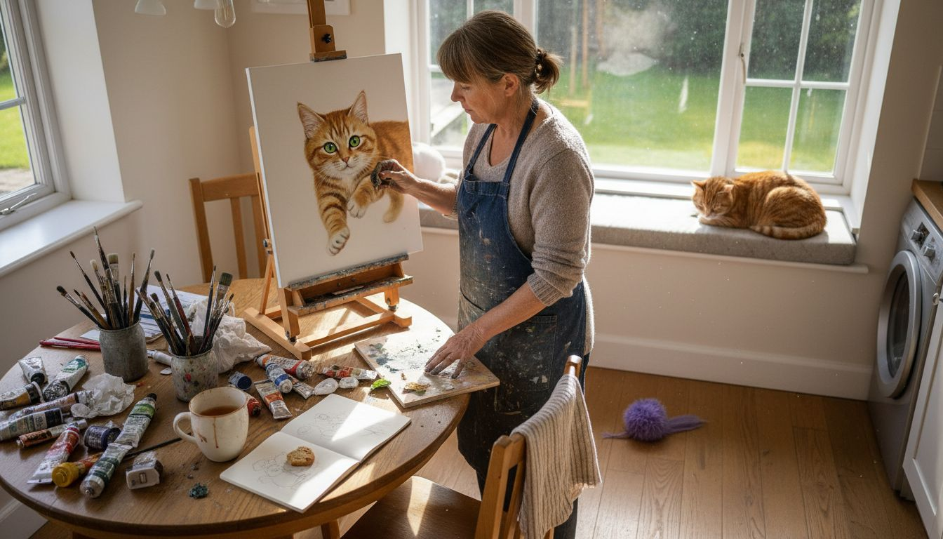 Artist paints cat portrait in cluttered kitchen