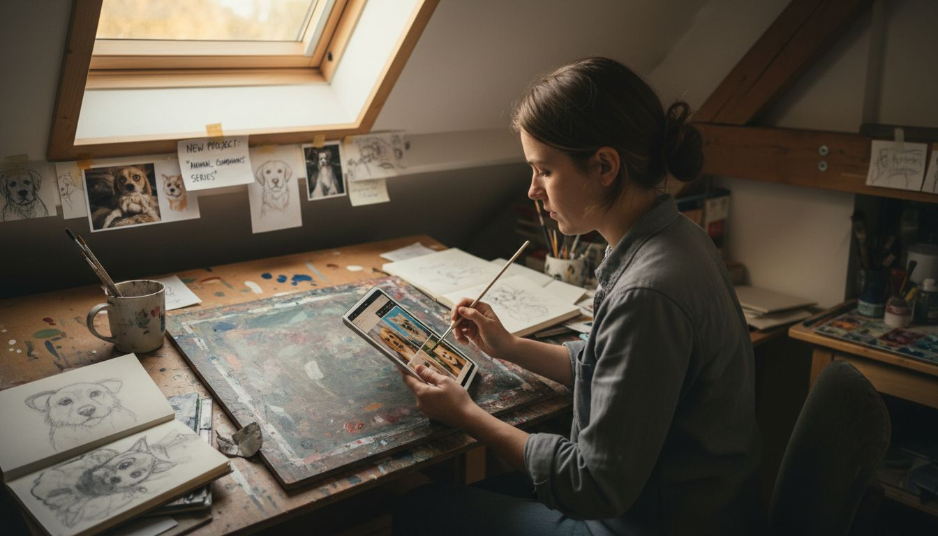 Artist selects reference photo for portrait