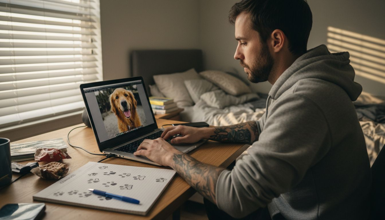 Man preparing pet photo on laptop