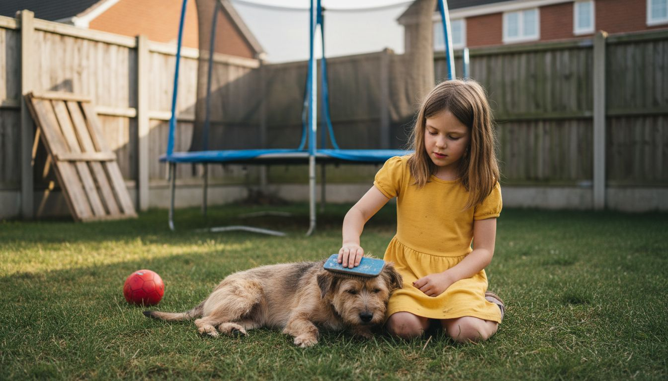 Young girl grooms pet dog in garden