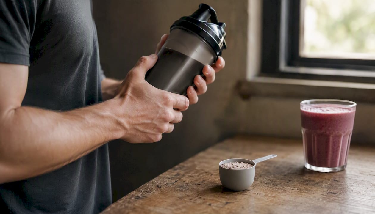 Hands mixing protein and carb shake